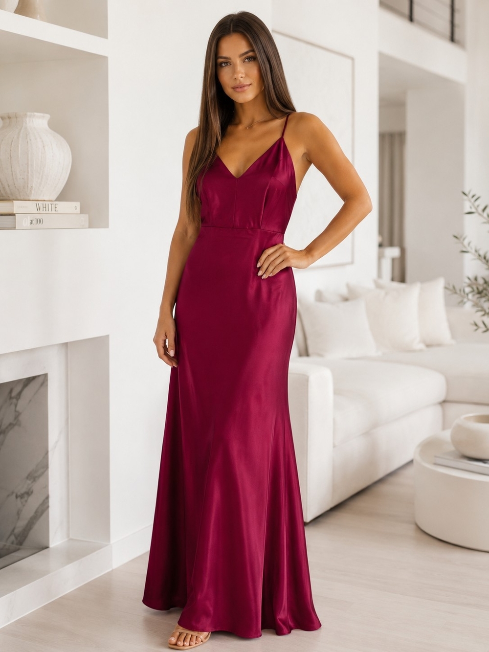 Fashionova Satin Burgundy Slip Maxi Dress with V-Neck